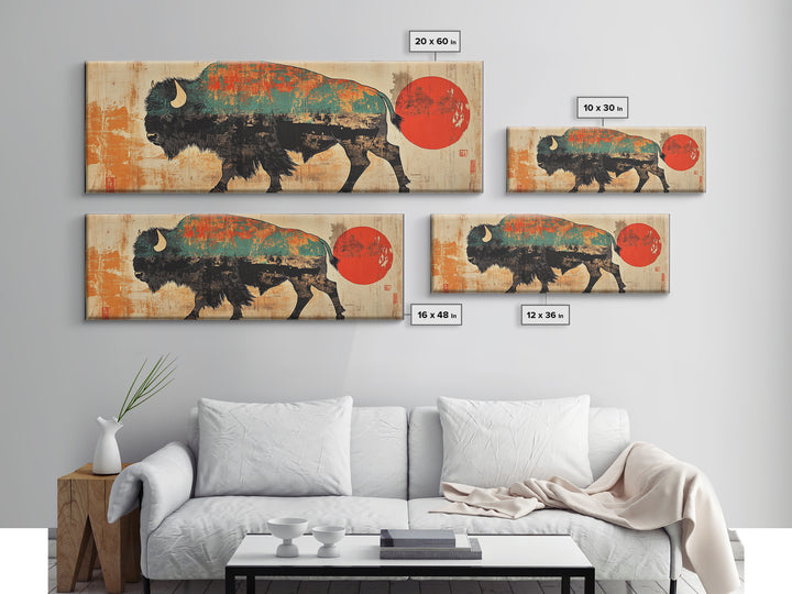 Turquoise Bison Red Sun Canvas Print, Southwestern Wall Art, Western Home Decor, Rustic Statement Living Room Art, Large Wall Decor