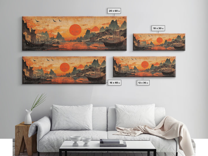 Orange Sunset Harbor Wall Art, Asian Landscape Canvas Print, Coastal Seascape Decor, Panoramic Living Room Art, Above Sofa Art