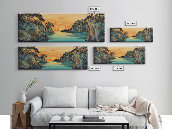 Teal River Canyon Sunset Framed Canvas Print, Coastal Landscape Wall Art, Japandi Decor, Panoramic Above Sofa Art For Living Room Decor