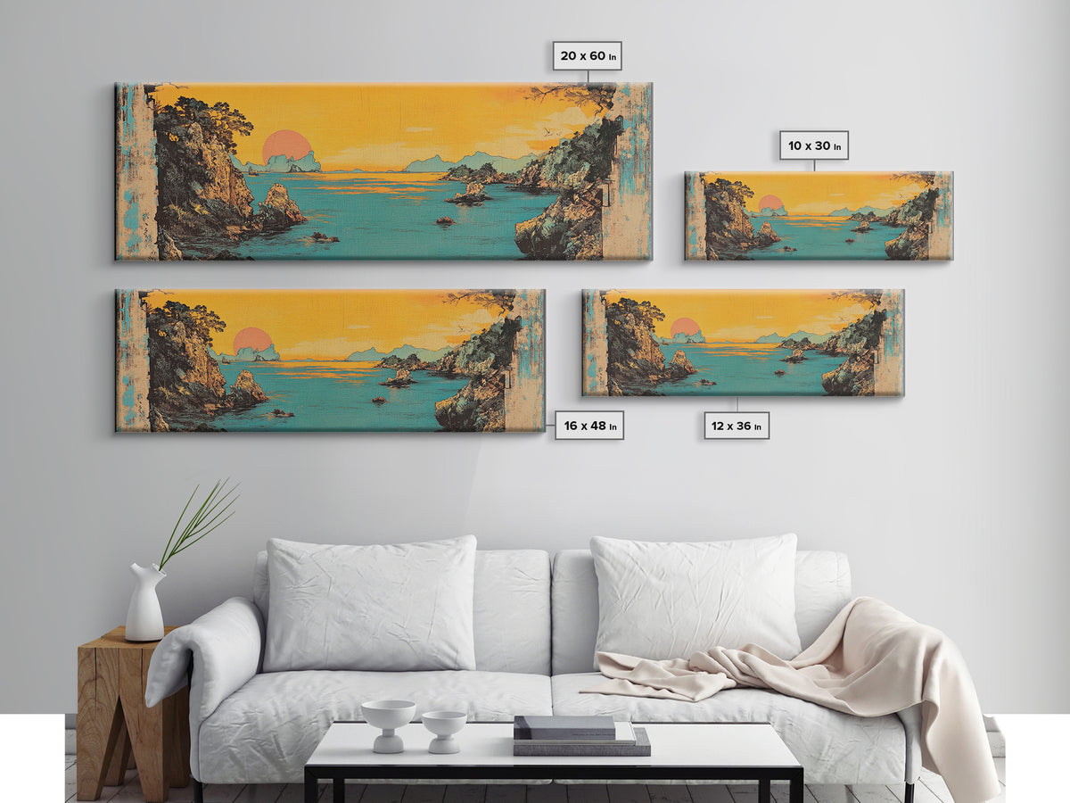 Turquoise Sea Cliff Sunset Canvas Print, Coastal Wall Art, Japanese Landscape Decor, Panoramic Beach House Wall Decor, Large Art