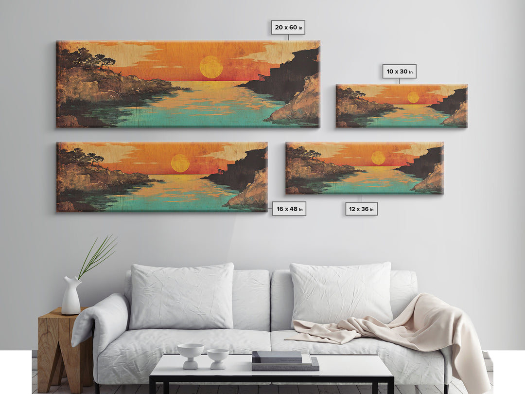 Orange Sunset River Inlet Wall Art, Japanese Coastal Canvas Print, Tranquil Landscape Decor, Above Bed Living Room Art, Large Art