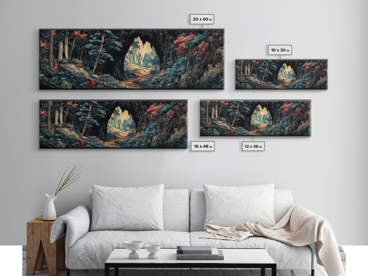 Dark Forest Cave Path Canvas Print, Moody Landscape Wall Art, Fantasy Woodland Decor, Panoramic Statement Living Room Art