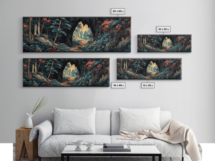 Dark Forest Cave Path Canvas Print, Moody Landscape Wall Art, Fantasy Woodland Decor, Panoramic Statement Living Room Art