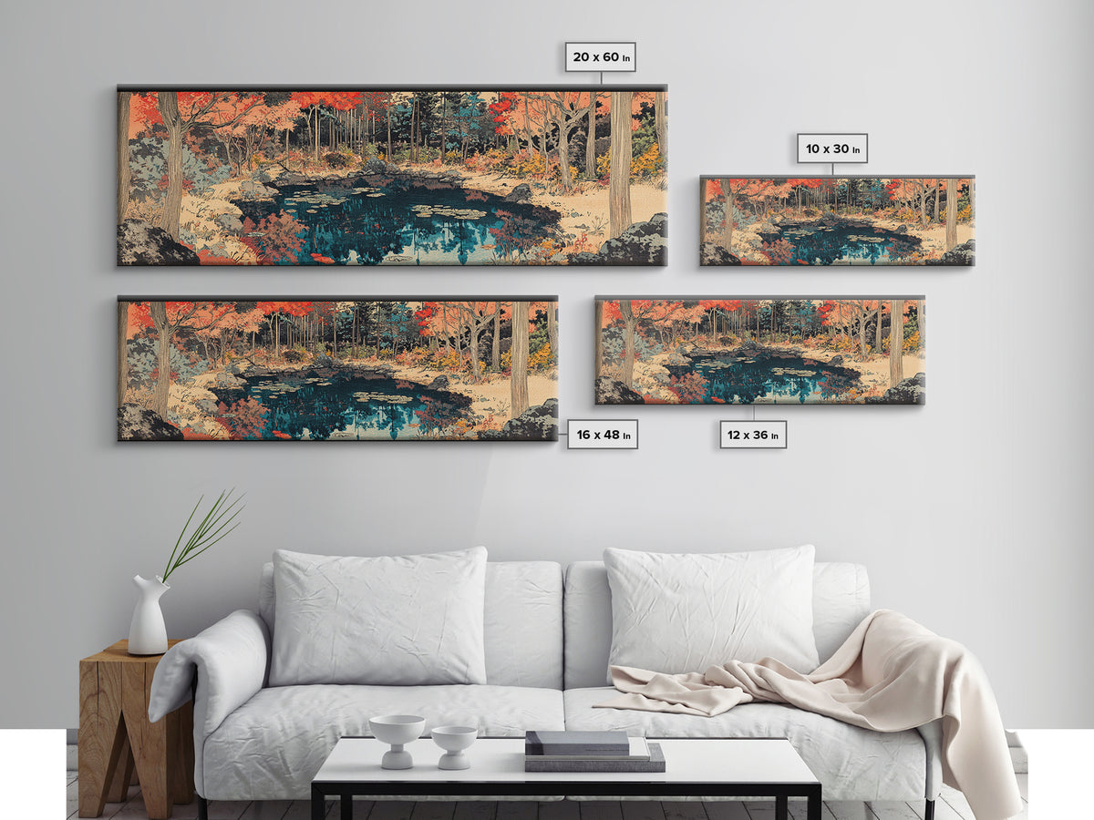 Autumn Forest Pond Reflection Wall Art, Japanese Landscape Canvas, Rustic Nature Decor, Panoramic Living Room Print For Home Decor