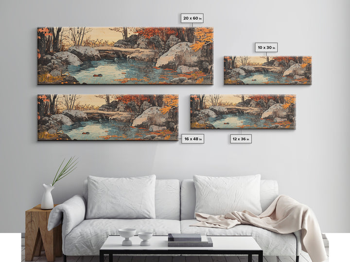 Autumn Rocky Creek Canvas Print, Japanese Landscape Painting, Rustic Nature Wall Decor, Panoramic Living Room Art, Home Decor