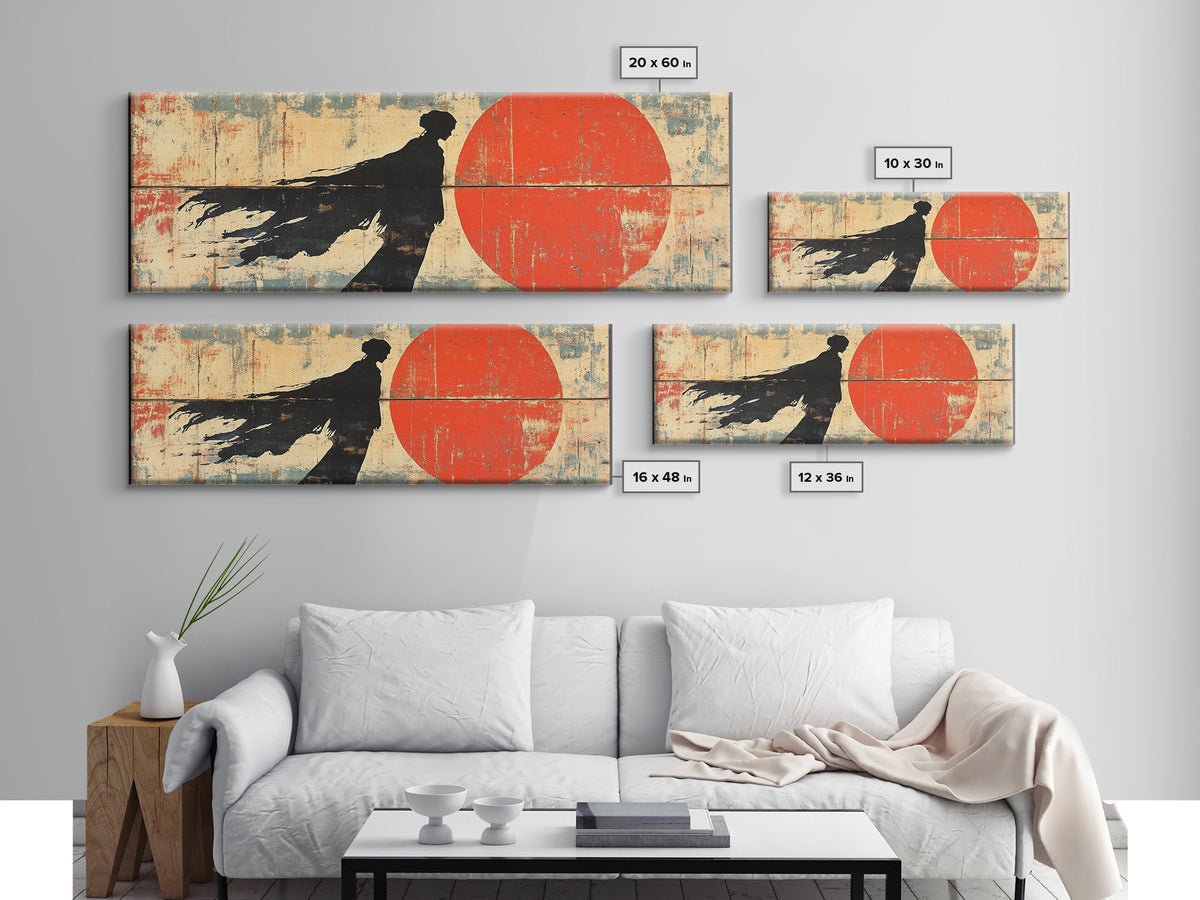 Shadow Samurai Red Sun Wall Art, Japanese Warrior Canvas, Dark Fantasy Decor, Bold Panoramic Office And Living Room Print