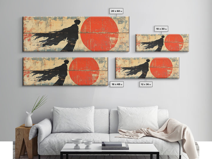 Shadow Samurai Red Sun Wall Art, Japanese Warrior Canvas, Dark Fantasy Decor, Bold Panoramic Office And Living Room Print