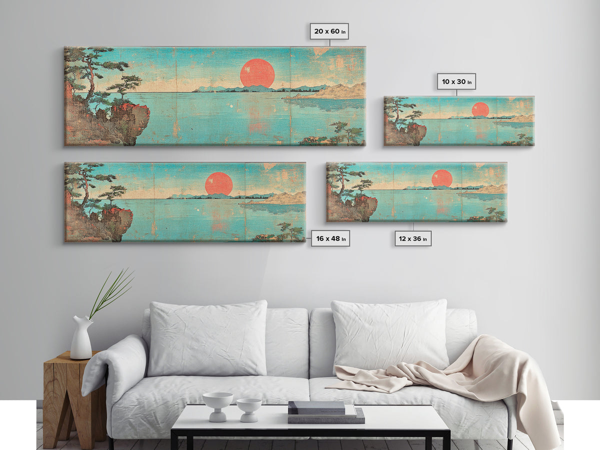 Turquoise Japanese Sea Sunset Framed Canvas Print, Coastal Landscape Wall Decor, Minimalist Panoramic Living Room Art Print