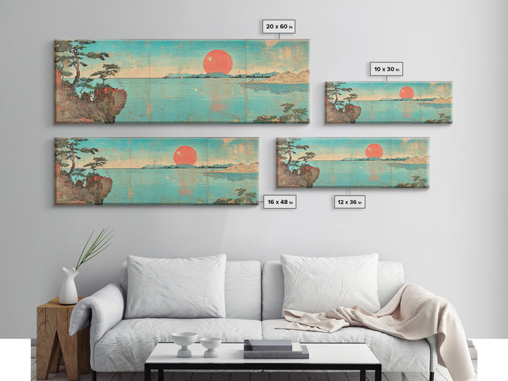 Turquoise Japanese Sea Sunset Framed Canvas Print, Coastal Landscape Wall Decor, Minimalist Panoramic Living Room Art Print