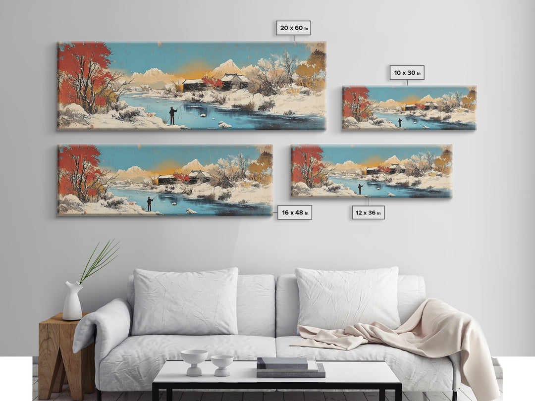 Snowy Mountain Village Wall Art, Japanese Winter Landscape Canvas, Serene Nature Decor, Panoramic Living Room Art Print For Home Decor