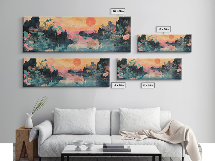 Lotus Lake Sunset With Red Sun And Mountains Wall Art, Japanese Landscape Canvas Print, Japandi Decor, Panoramic Wall Decor