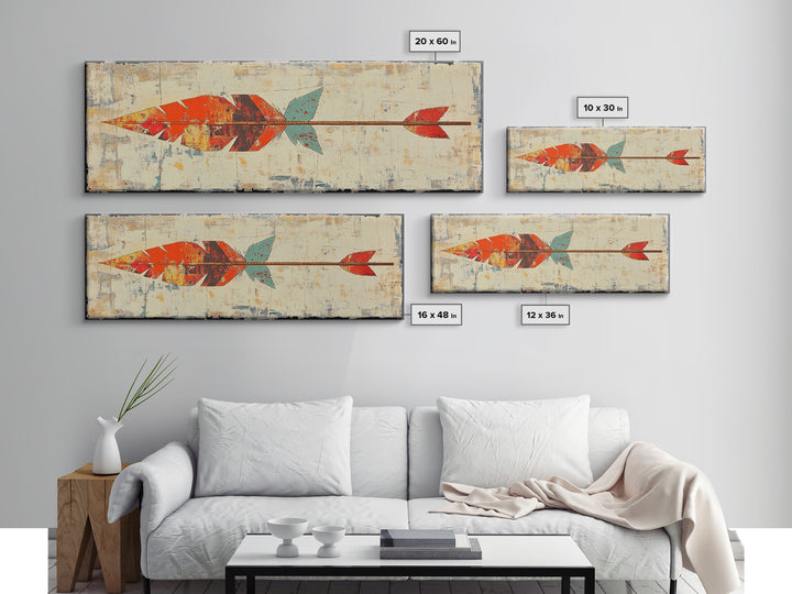 Rustic Painted Arrow With Red Feathers Wall Art, Southwestern Canvas Print, Boho Western Decor, Long Horizontal Art Print