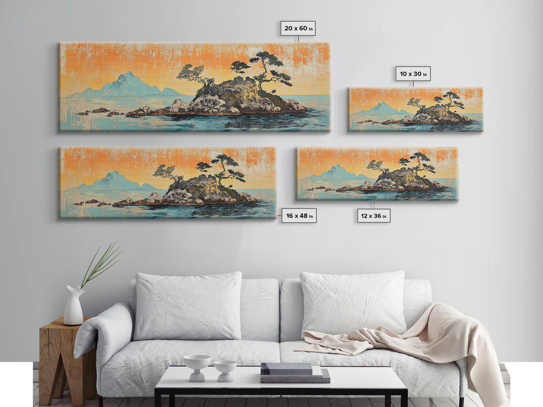 Rocky Island Pines On Calm Sea Wall Art, Japanese Coastal Landscape Canvas Print, Orange Sunset Decor, Wide Panoramic Art