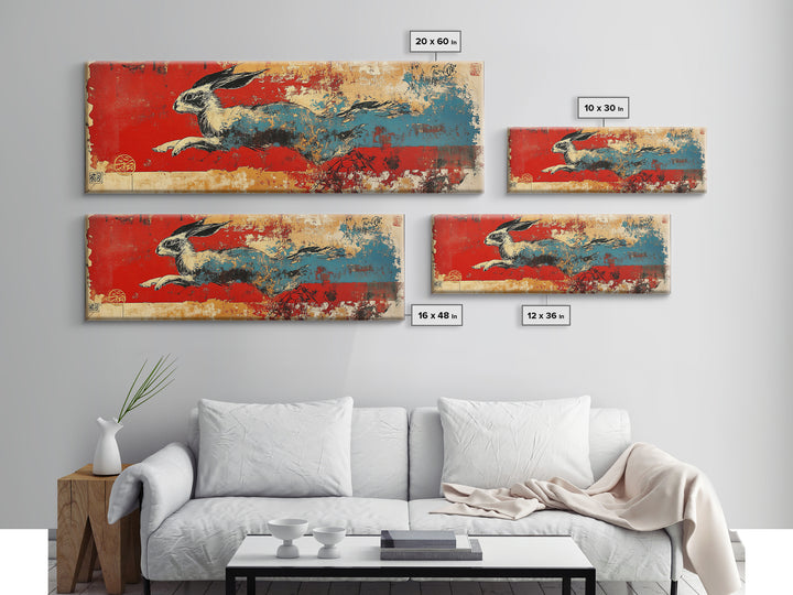 Running Hare Over Red And Blue Brushstrokes Wall Art, Japanese Rabbit Canvas Print, Whimsical Animal Decor, Bold Wall Decor
