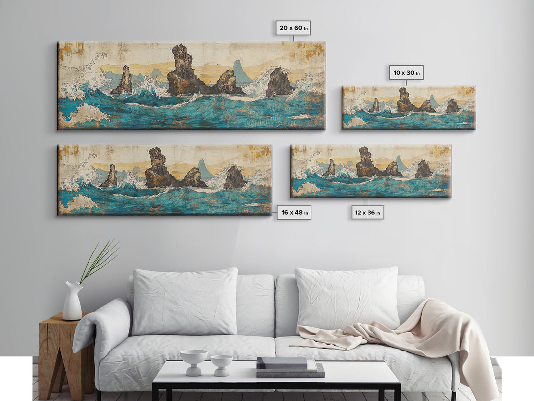 Jagged Sea Stacks In Turquoise Waves Wall Art, Large Panoramic Coastal Seascape Canvas Print, Nautical Decor, Moody Landscape Art