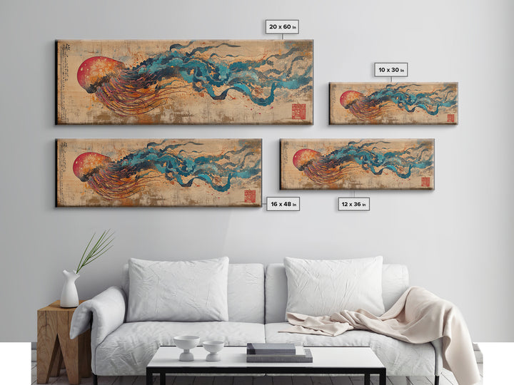 Abstract Jellyfish With Red Sun And Blue Waves Wall Art, Japanese Ocean Canvas Print, Marine Life Decor, Statement Artwork