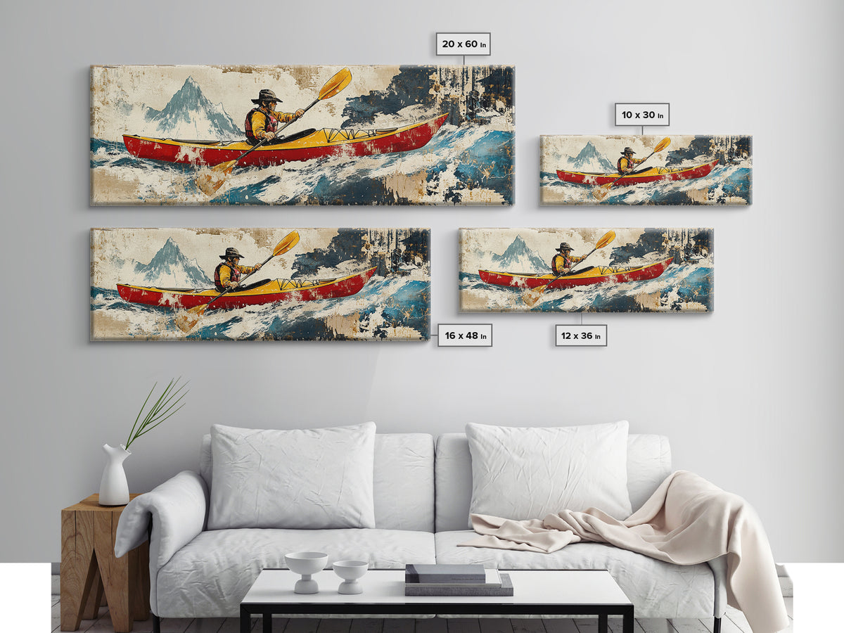 Red Canoe Kayaker In Whitewater Mountains Wall Art, Adventure Landscape Canvas Print, Lake House Decor, Cabin Wall Decor