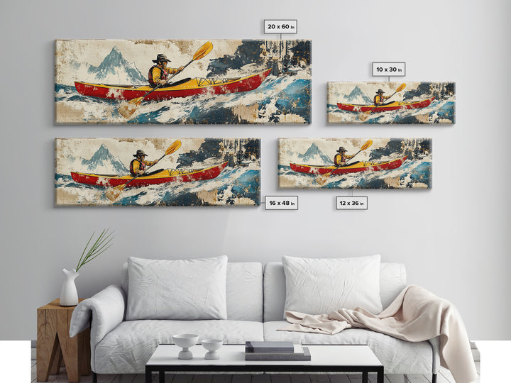 Red Canoe Kayaker In Whitewater Mountains Wall Art, Adventure Landscape Canvas Print, Lake House Decor, Cabin Wall Decor