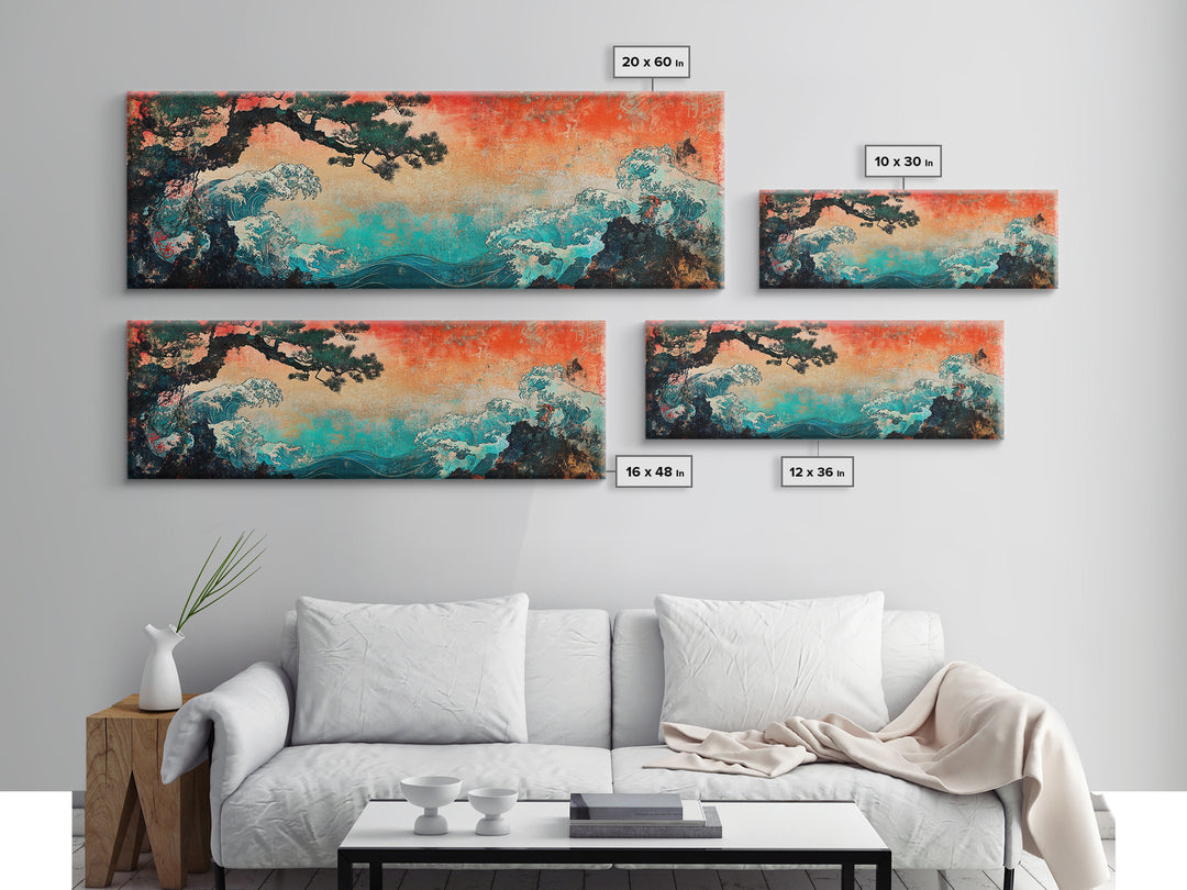 Stormy Teal Ocean Waves And Pine Branch Wall Art, Japanese Seascape Canvas Print, Coastal Decor, Long Horizontal Art, Living Room Decor