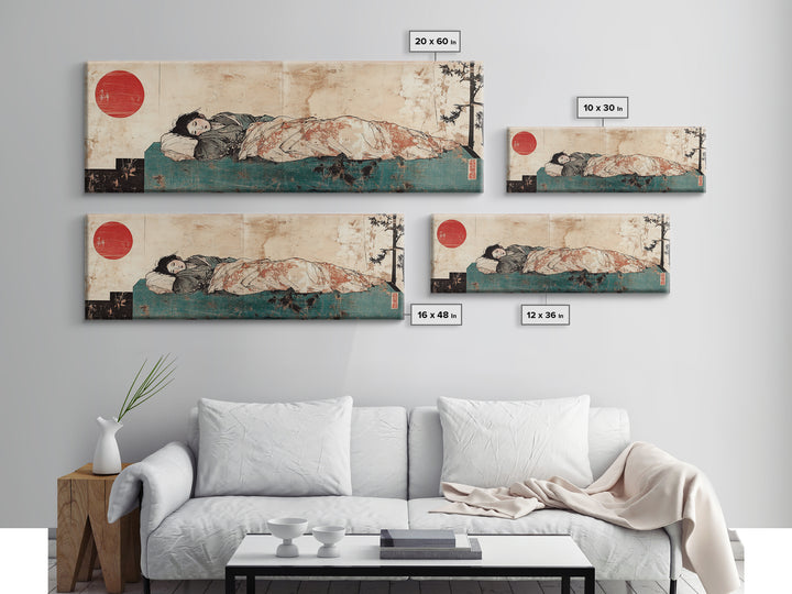 Sleeping Woman Under Floral Quilt Canvas Print, Japanese Bedroom Wall Art, Red Sun Decor, Serene Minimalist Art, Japandi Home Decor