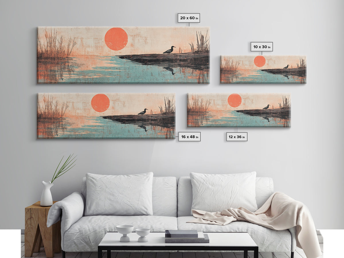 Red Sun Over Still Lake And Lone Bird Wall Art, Japanese Landscape Canvas Print, Peaceful Nature Decor, Wide Wall Art, Zen Decor