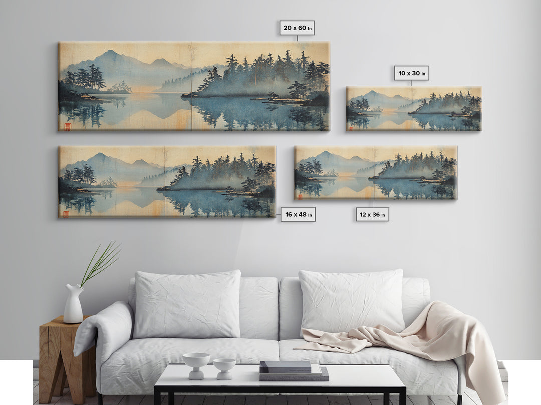 Misty Blue Mountain Lake And Pine Forest Wall Art, Japanese Landscape Canvas Print, Nature Decor, Calming Living Room Art