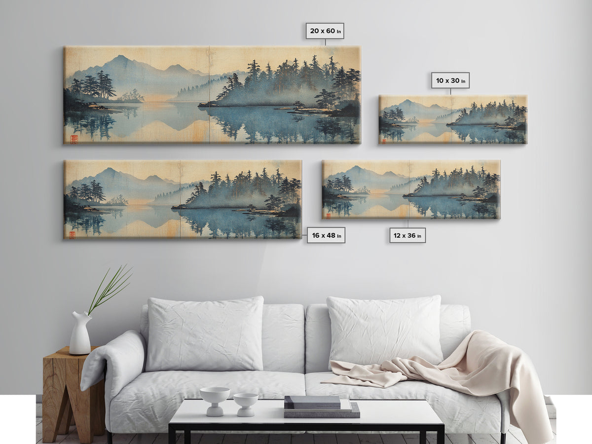 Misty Blue Mountain Lake And Pine Forest Wall Art, Japanese Landscape Canvas Print, Nature Decor, Calming Living Room Art