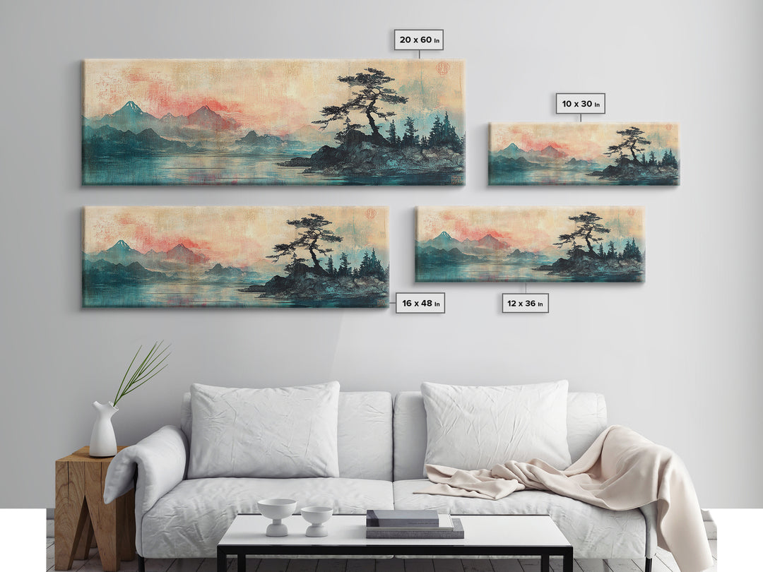 Red Mist Mountains With Lone Pine Wall Art, Japanese Landscape Canvas Print, Moody Nature Decor, Panoramic Living Room Art