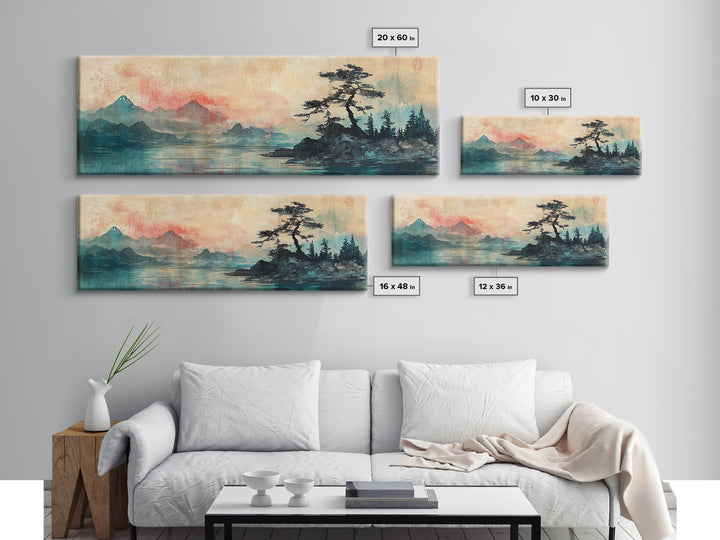 Red Mist Mountains With Lone Pine Wall Art, Japanese Landscape Canvas Print, Moody Nature Decor, Panoramic Living Room Art