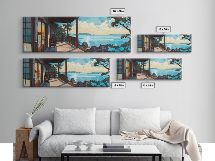 Sunny Japanese Veranda Over Blue Sea Canvas Print, Coastal Wall Art, Beach House Decor, Japandi Living Room Wall Art, Home Decor