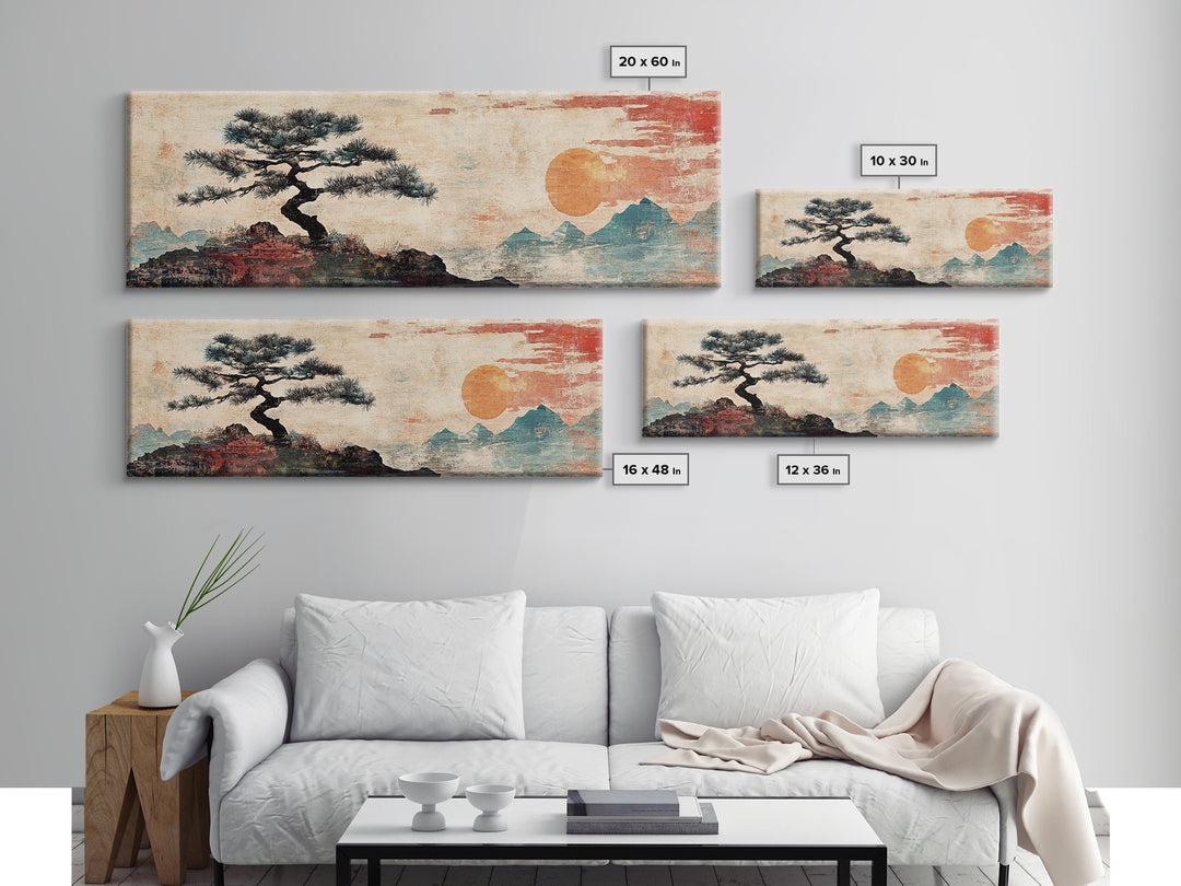 Solitary Pine And Orange Sun Wall Art, Japanese Mountain Landscape Canvas Print, Zen Decor, Minimalist Nature Wall Art, Japandi Decor