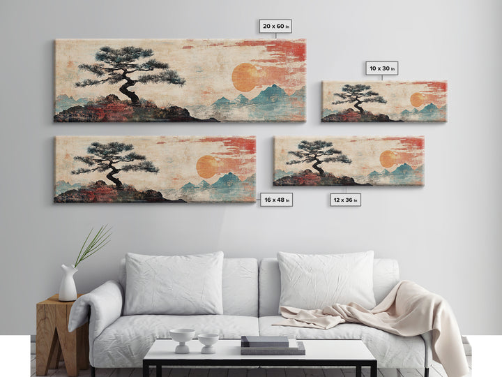 Solitary Pine And Orange Sun Wall Art, Japanese Mountain Landscape Canvas Print, Zen Decor, Minimalist Nature Wall Art, Japandi Decor