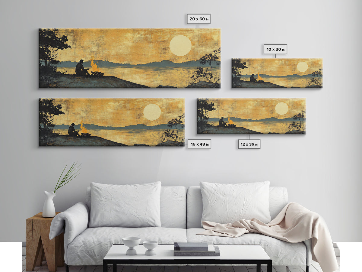 Lakeside Campfire Silhouette Under Golden Sunset Wall Art, Rustic Cabin Canvas Print, Nature Landscape, Lake House Decor, Gift For Him