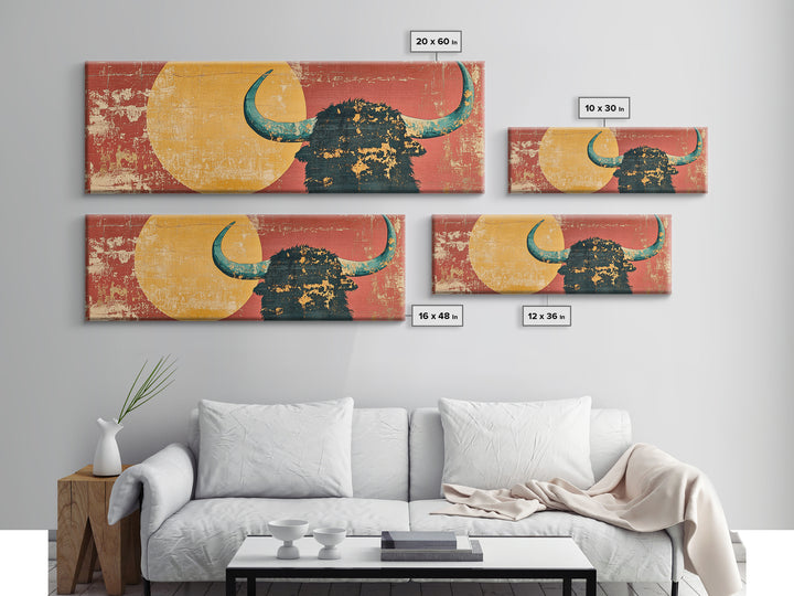 Bold Highland Cow Silhouette With Turquoise Horns Canvas Print, Western Wall Art, Rustic Home Decor, Southwestern Gift For Him