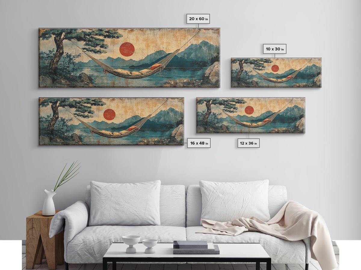 Mountain Lake Hammock Beneath Red Sun Wall Art, Japandi Landscape Canvas Print, Tranquil Zen Decor, Above Bed Art, Living Room Decor