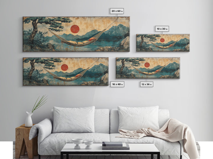 Mountain Lake Hammock Beneath Red Sun Wall Art, Japandi Landscape Canvas Print, Tranquil Zen Decor, Above Bed Art, Living Room Decor