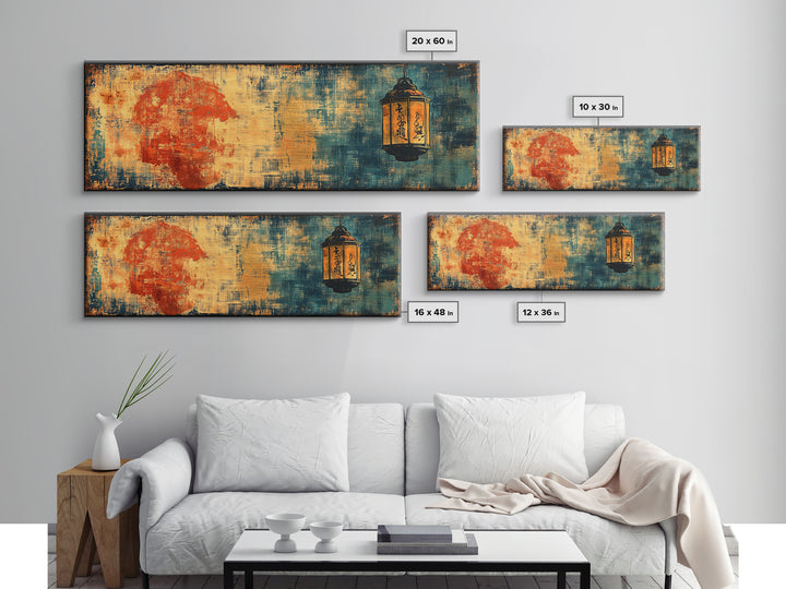 Red Sun And Hanging Lantern On Blue Textured Wall Art, Asian Inspired Canvas Print, Japanese Decor, Moody Abstract Art Print