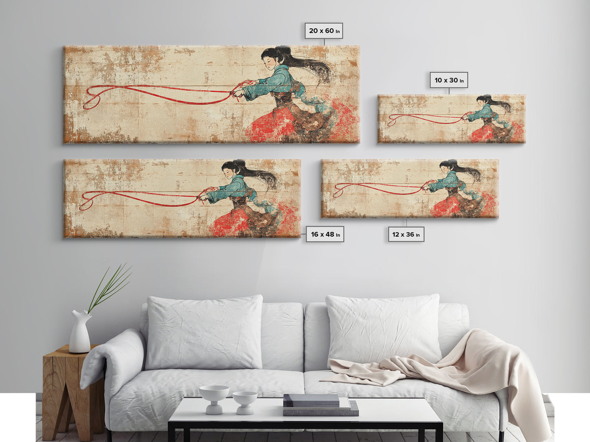 Asian Warrior Woman With Flowing Red Ribbon Canvas Print, Martial Arts Wall Art, Strong Female Art, Japanese Decor Gift For Her