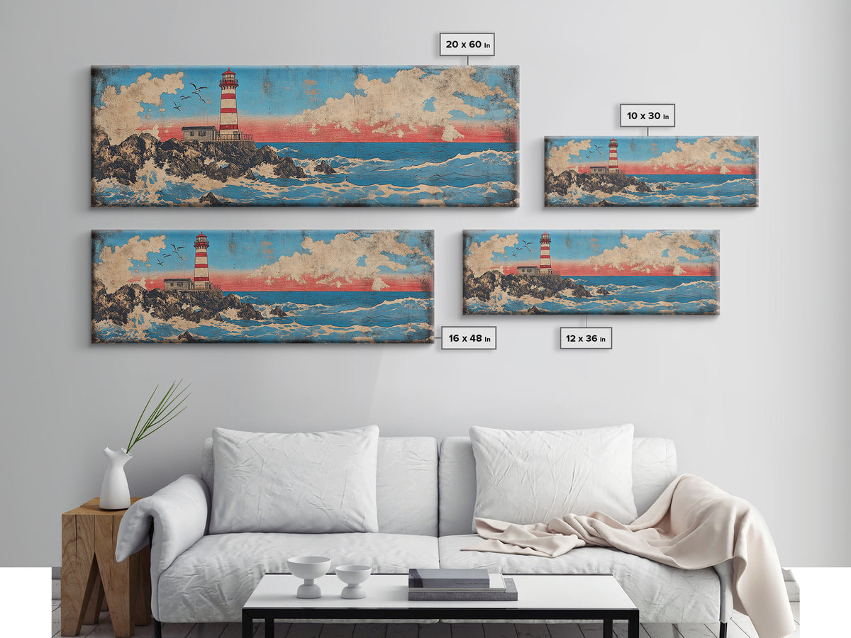 Striped Lighthouse On Rocky Shore With Ocean Waves Wall Art, Nautical Canvas Print, Coastal Decor, Beach House Gift, Seascape Art