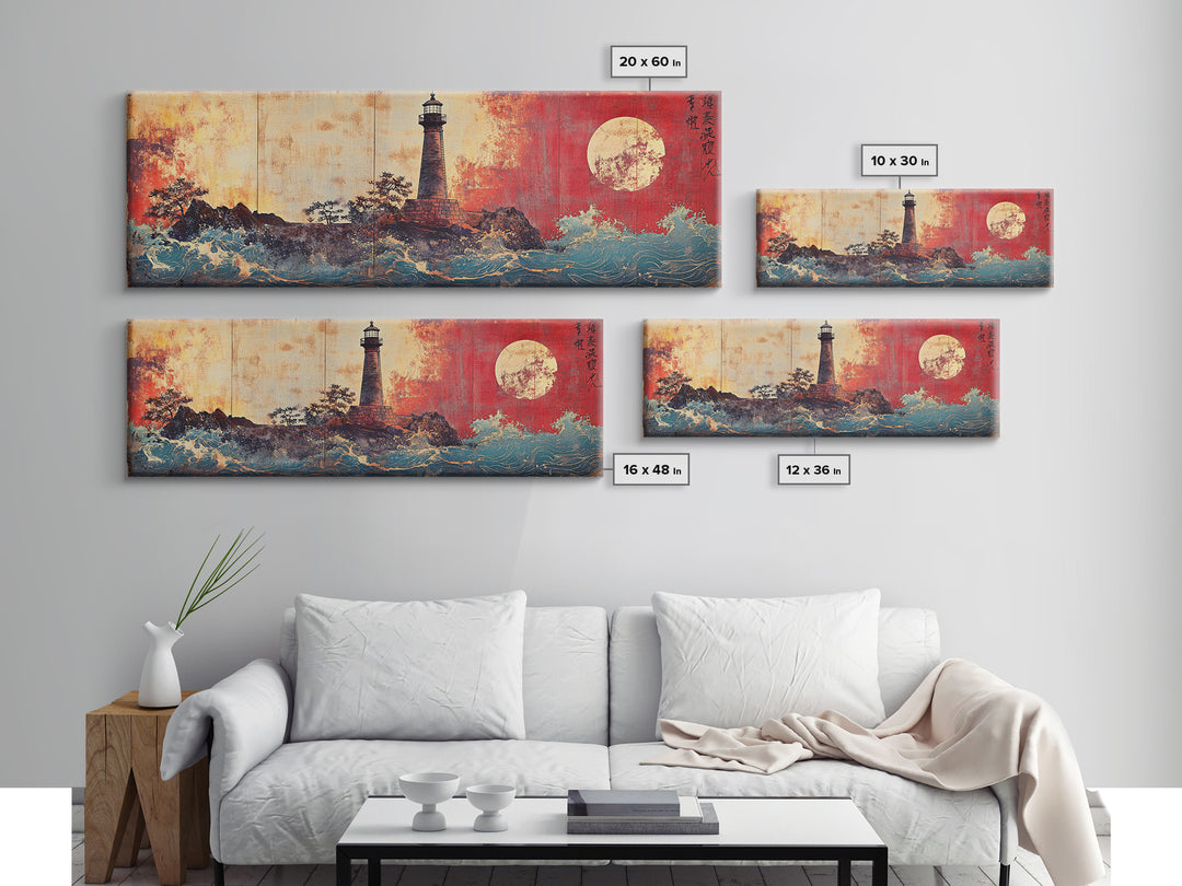 Japanese Lighthouse Seascape With Red Moon Wall Art, Coastal Nautical Canvas Print, Ocean Landscape Decor, Japandi Home Gift