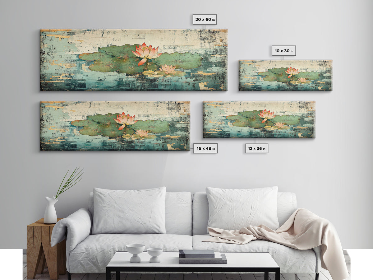 Lotus Pond Water Lily Wall Art, Asian Botanical Canvas Print, Japandi Zen Home Decor, Tranquil Nature Gift For Her, Living Room Decor