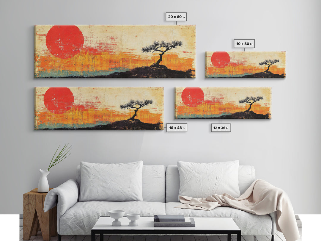Lone Tree Red Sun Landscape Wall Art, Japandi Canvas Print, Minimalist Nature Decor, Orange Sunset Living Room Art, Above Sofa Decor