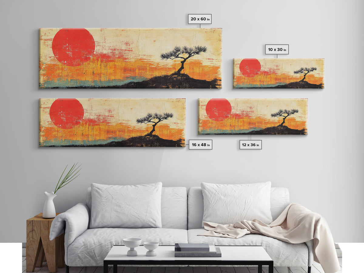 Lone Tree Red Sun Landscape Wall Art, Japandi Canvas Print, Minimalist Nature Decor, Orange Sunset Living Room Art, Above Sofa Decor