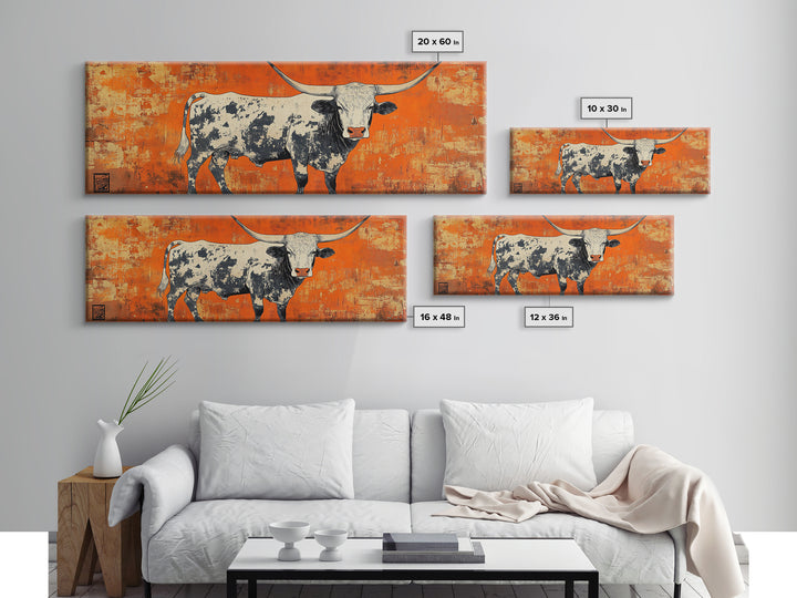 Texas Longhorn Cow On Orange Wall Art, Western Canvas Print, Rustic Ranch Decor, Southwestern Farmhouse Gift For Him, Man Cave Decor
