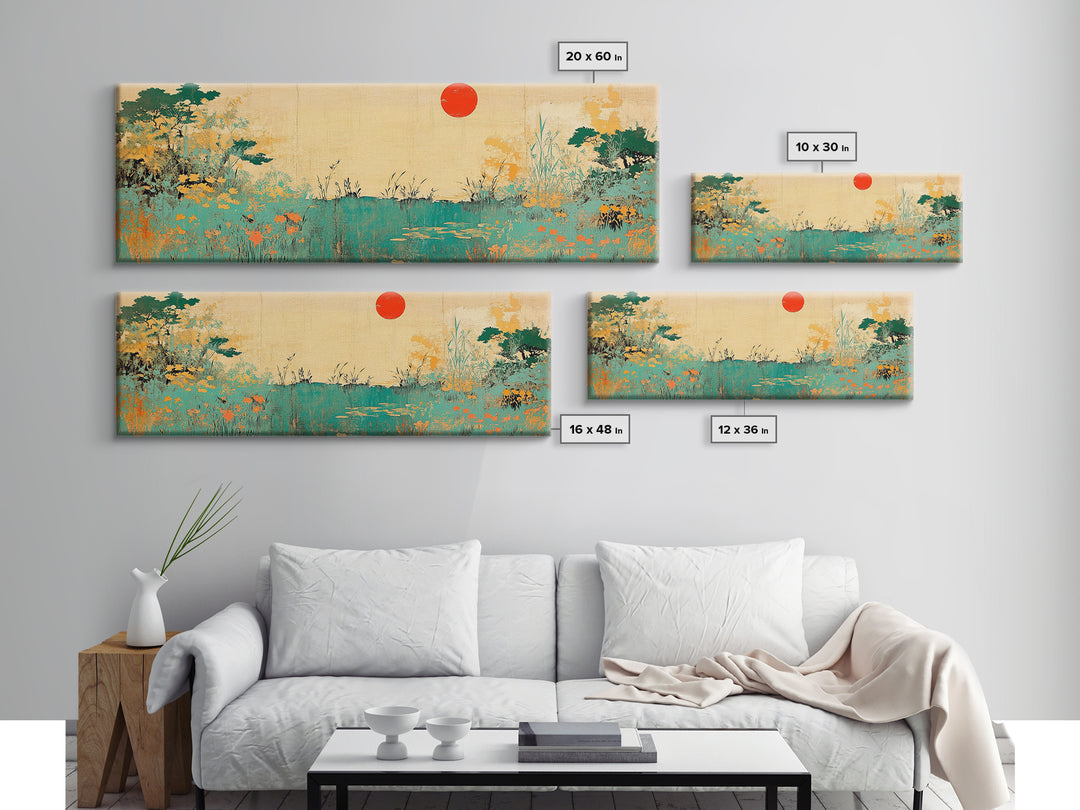 Red Sun Wildflower Marsh Landscape Wall Art, Japanese Inspired Panoramic Canvas, Nature Print, Japandi Living Room Decor