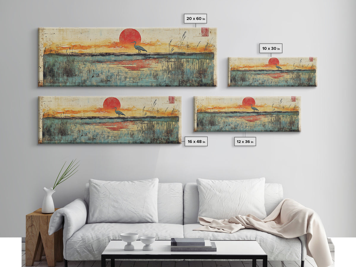 Blue Marsh Heron Red Sun Wall Art, Japanese Inspired Landscape Print, Coastal Wetlands Decor, Serene Bedroom Wall Decor Print