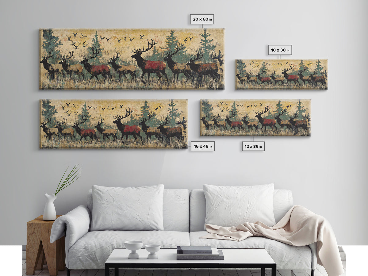 Elk Herd Forest Wildlife Wall Art, Rustic Panoramic Canvas Print, Lodge Cabin Decor, Nature Lover Gift For Him, Living Room Wall Decor