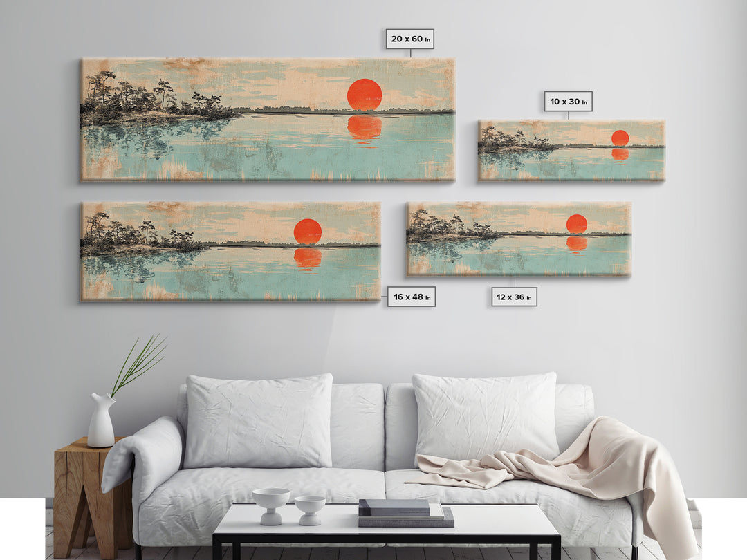 Red Sun Over Serene Teal Lake Wall Art, Japanese Landscape Print, Panoramic Canvas, Japandi Living Room Decor, Coastal Home Decor