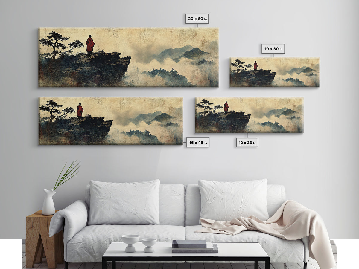 Solitary Monk On Misty Mountain Cliff Wall Art, Asian Landscape Print, Zen Meditation Decor, Japandi Office Wall Decor Art