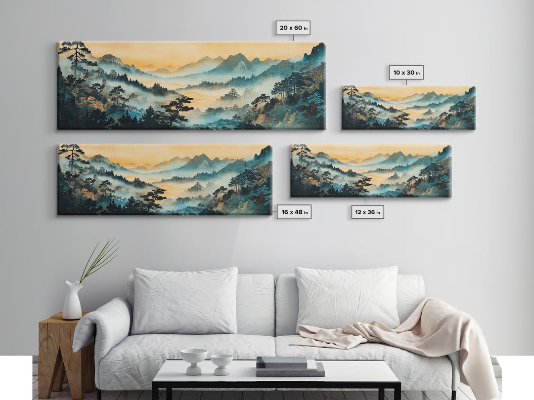 Misty Blue Mountain Valley Canvas Print, Asian Landscape Wall Art, Panoramic Nature Print, Japandi Living Room Decor, Housewarming Gift